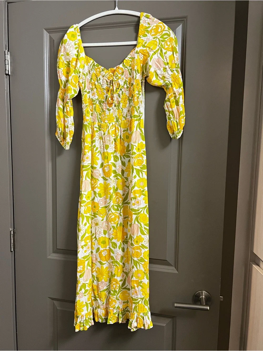 Faithfull The Brand Nora Floral Crepe Midi Dress Size 4 Small Yellow